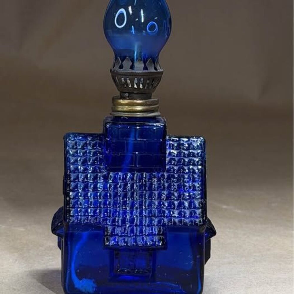 Vintage Cobalt Blue Glass House Oil Lamp – Miniature Cabin Kerosene Lamp